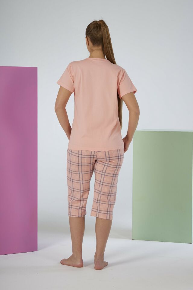 Kadın Yazlık Kareli Kısa Kollu Kaprili Penye Lycra Pijama Takımı - Pembe