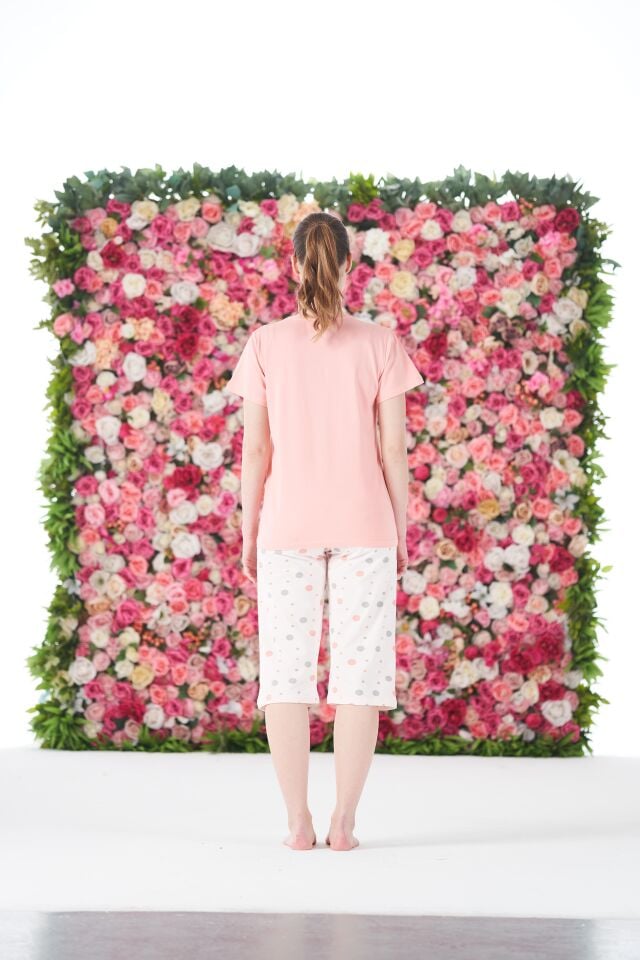 Kadın Yazlık Puantiyeli Kısa Kollu Kaprili Penye Lycra Pijama Takımı