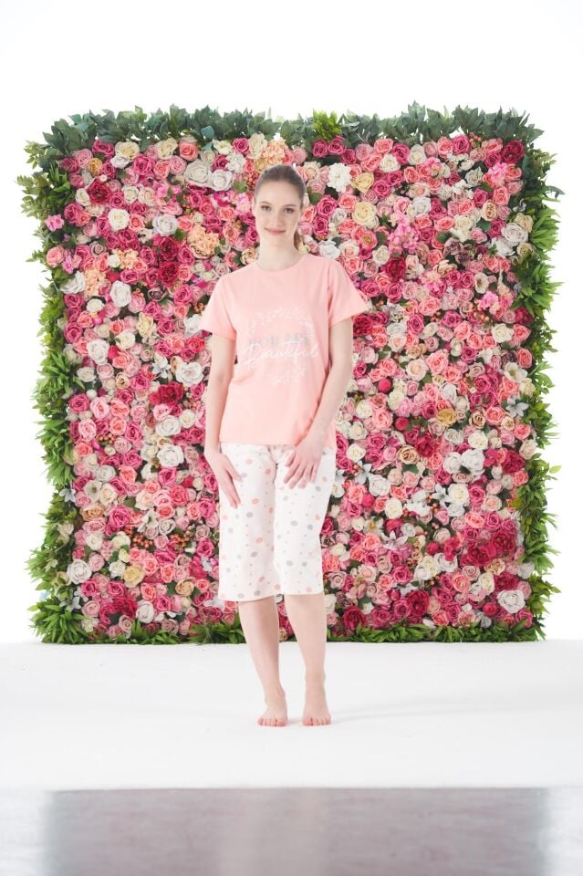 Kadın Yazlık Puantiyeli Kısa Kollu Kaprili Penye Lycra Pijama Takımı