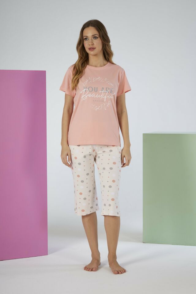 Kadın Yazlık Puantiyeli Kısa Kollu Kaprili Penye Lycra Pijama Takımı