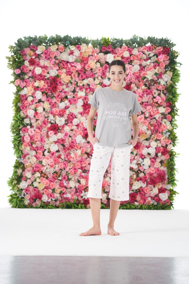 Kadın Yazlık Puantiyeli Kısa Kollu Kaprili Penye Lycra Pijama Takımı S - Lila