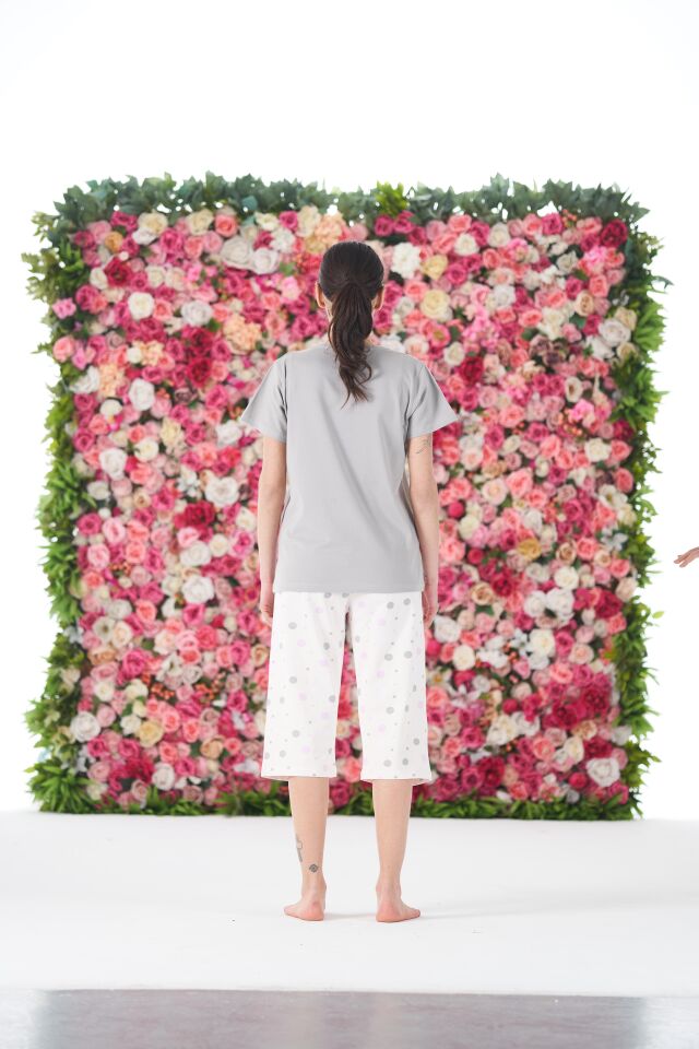 Kadın Yazlık Puantiyeli Kısa Kollu Kaprili Penye Lycra Pijama Takımı S - Lila