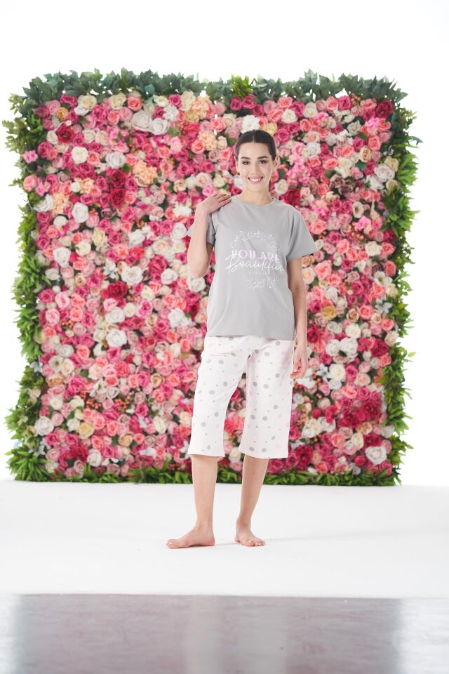 Kadın Yazlık Puantiyeli Kısa Kollu Kaprili Penye Lycra Pijama Takımı S - Lila