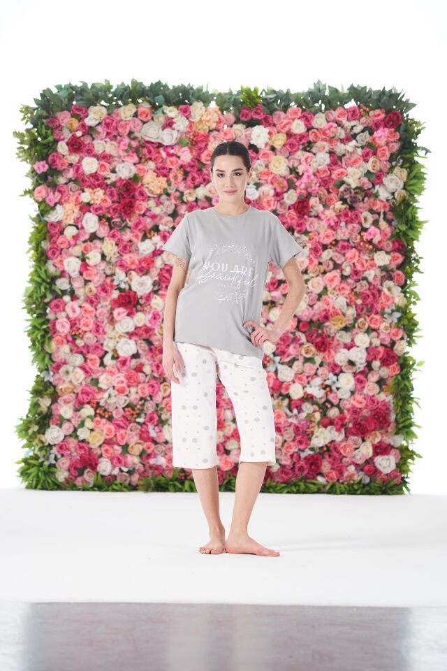 Kadın Yazlık Puantiyeli Kısa Kollu Kaprili Penye Lycra Pijama Takımı S - Lila