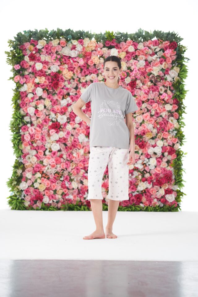 Kadın Yazlık Puantiyeli Kısa Kollu Kaprili Penye Lycra Pijama Takımı S - Lila