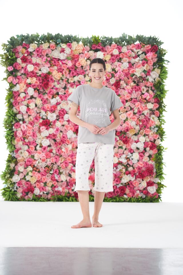 Kadın Yazlık Puantiyeli Kısa Kollu Kaprili Penye Lycra Pijama Takımı S - Lila