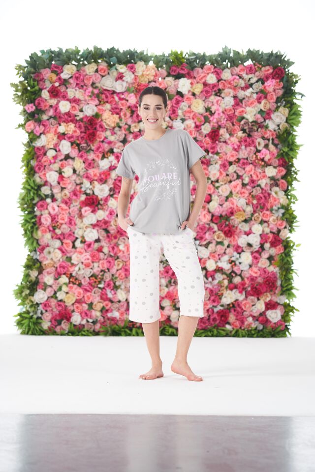 Kadın Yazlık Puantiyeli Kısa Kollu Kaprili Penye Lycra Pijama Takımı S - Lila