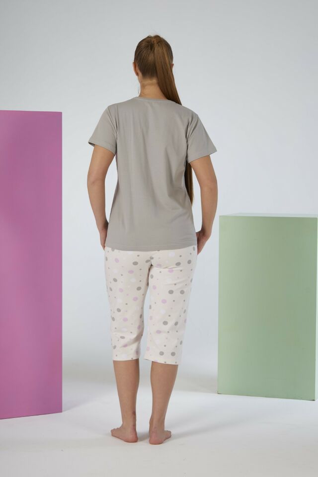 Kadın Yazlık Puantiyeli Kısa Kollu Kaprili Penye Lycra Pijama Takımı S - Lila