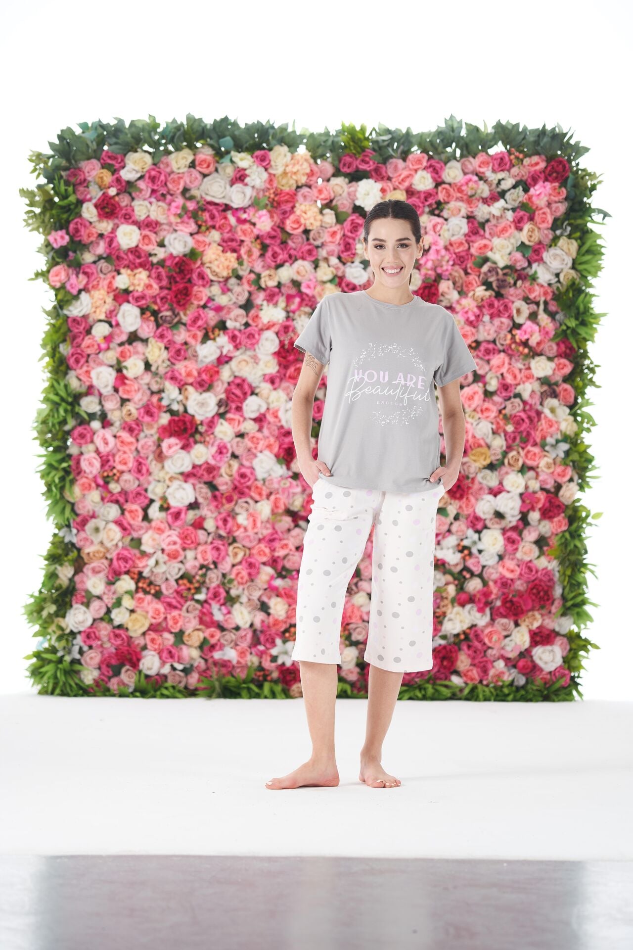 Kadın Yazlık Puantiyeli Kısa Kollu Kaprili Penye Lycra Pijama Takımı M - Lila