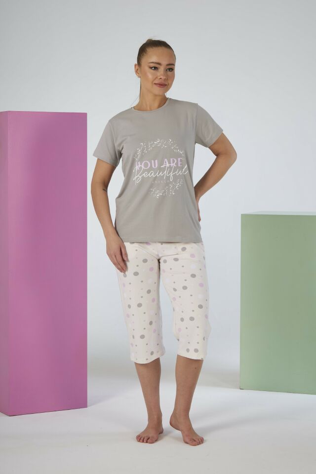 Kadın Yazlık Puantiyeli Kısa Kollu Kaprili Penye Lycra Pijama Takımı M - Lila