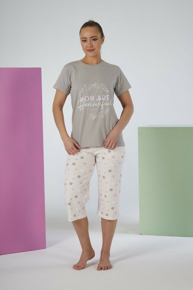 Kadın Yazlık Puantiyeli Kısa Kollu Kaprili Penye Lycra Pijama Takımı M - Lila