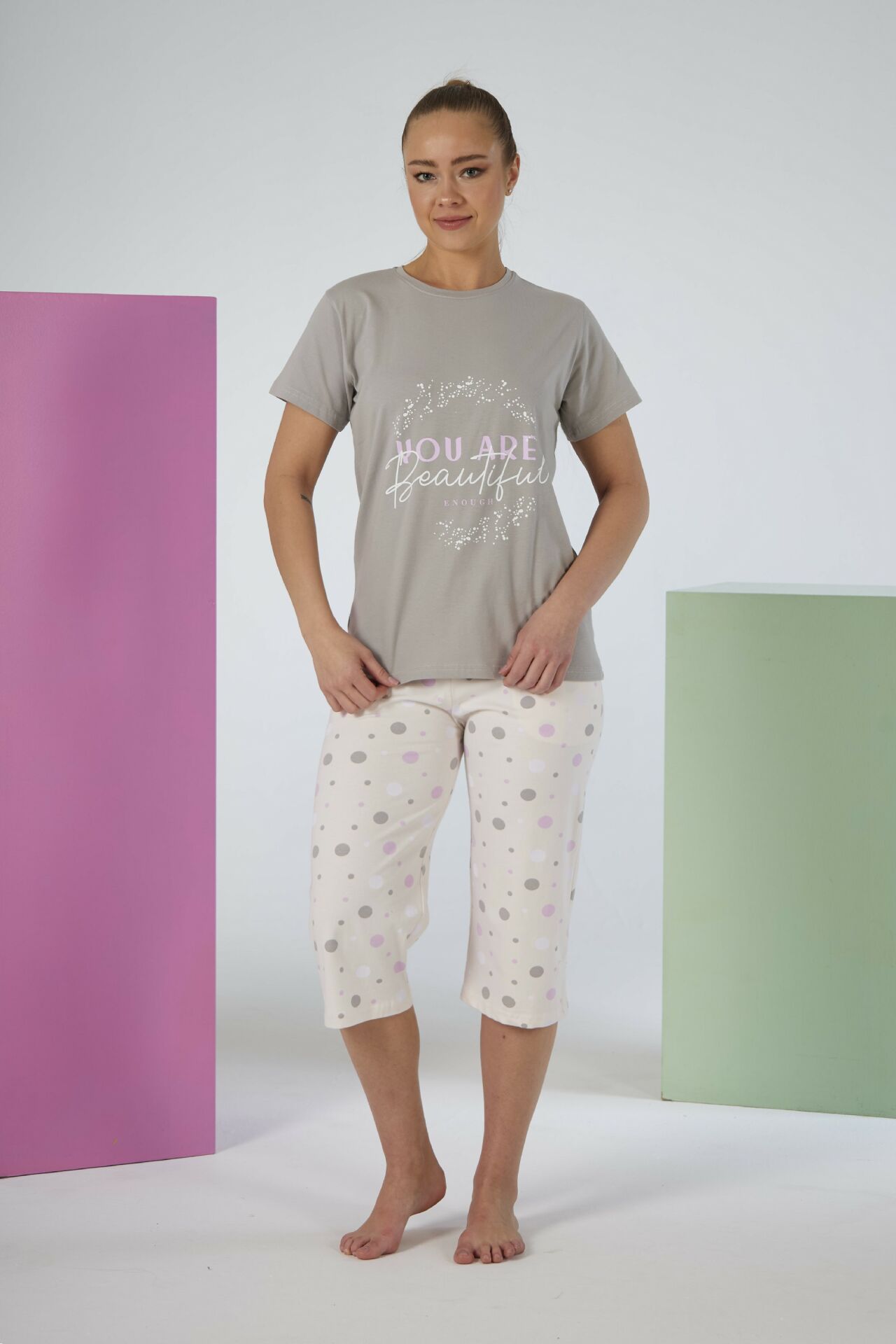 Kadın Yazlık Puantiyeli Kısa Kollu Kaprili Penye Lycra Pijama Takımı XL - Lila