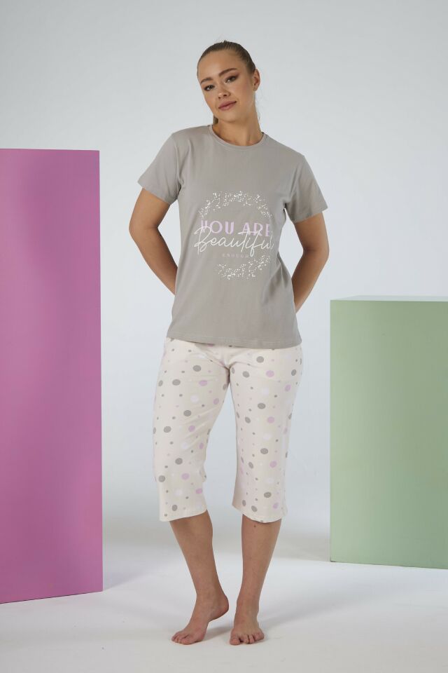 Kadın Yazlık Puantiyeli Kısa Kollu Kaprili Penye Lycra Pijama Takımı XL - Lila