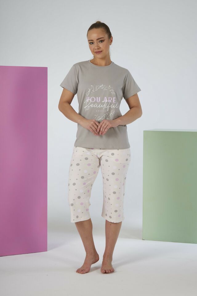 Kadın Yazlık Puantiyeli Kısa Kollu Kaprili Penye Lycra Pijama Takımı XL - Lila