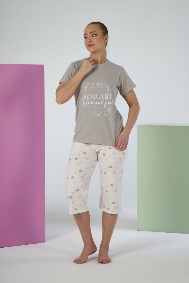 Kadın Yazlık Puantiyeli Kısa Kollu Kaprili Penye Lycra Pijama Takımı XL - Lila