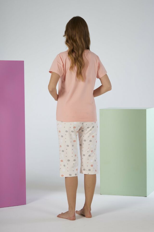 Kadın Yazlık Puantiyeli Kısa Kollu Kaprili Penye Lycra Pijama Takımı S - SOMON