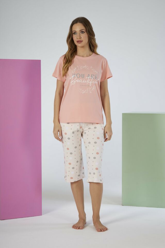 Kadın Yazlık Puantiyeli Kısa Kollu Kaprili Penye Lycra Pijama Takımı M - SOMON