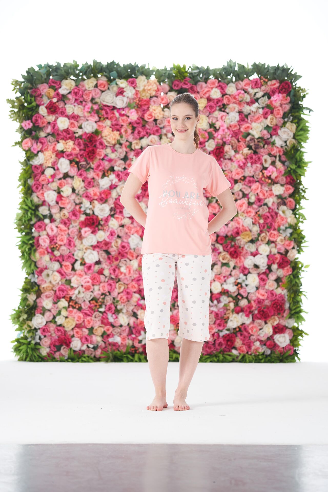 Kadın Yazlık Puantiyeli Kısa Kollu Kaprili Penye Lycra Pijama Takımı L - SOMON