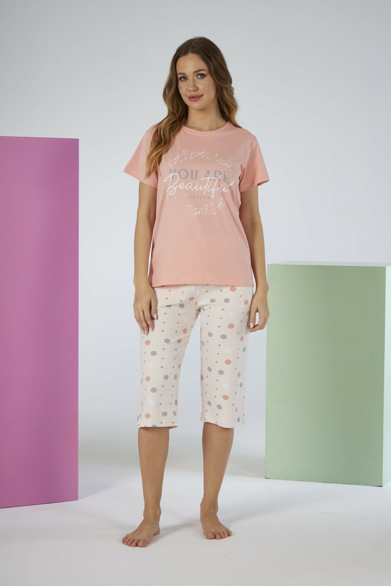 Kadın Yazlık Puantiyeli Kısa Kollu Kaprili Penye Lycra Pijama Takımı L - SOMON