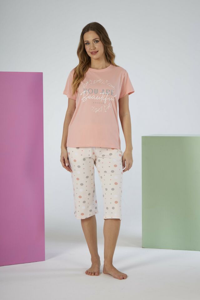 Kadın Yazlık Puantiyeli Kısa Kollu Kaprili Penye Lycra Pijama Takımı L - SOMON