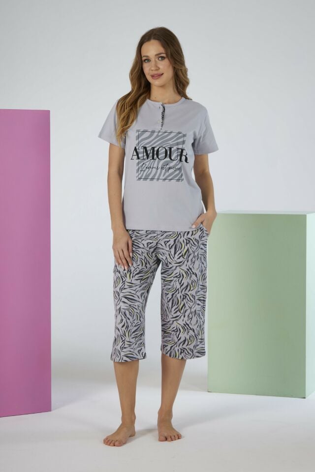 Kadın Yazlık Desenli Kısa Kollu Kaprili Penye Lycra Pijama Takımı - Gri