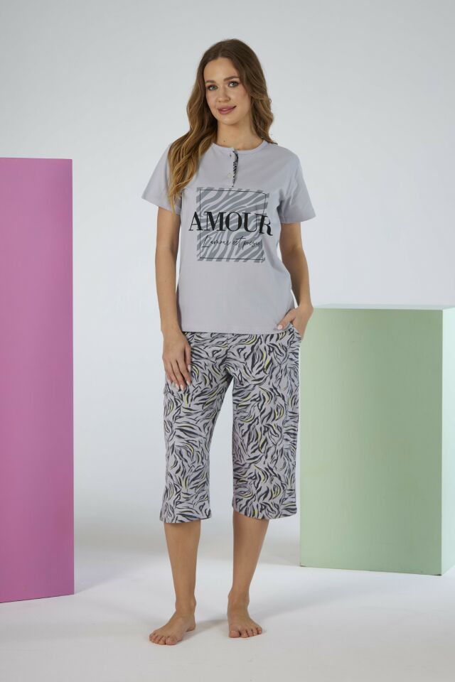 Kadın Yazlık Desenli Kısa Kollu Kaprili Penye Lycra Pijama Takımı - Gri