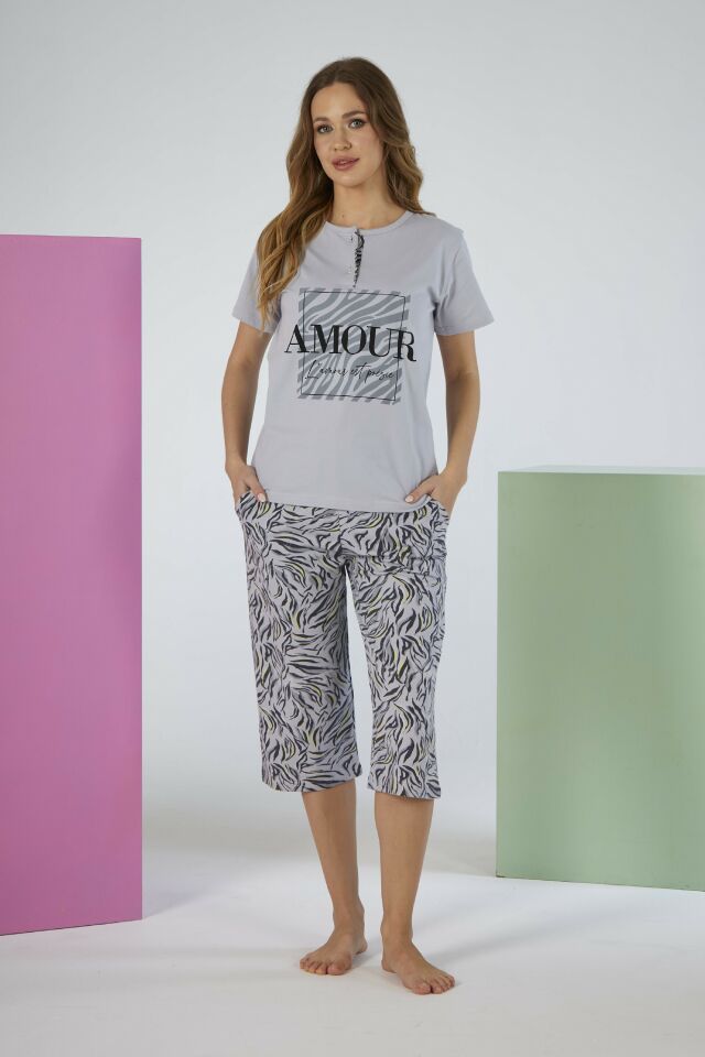 Kadın Yazlık Desenli Kısa Kollu Kaprili Penye Lycra Pijama Takımı - Gri