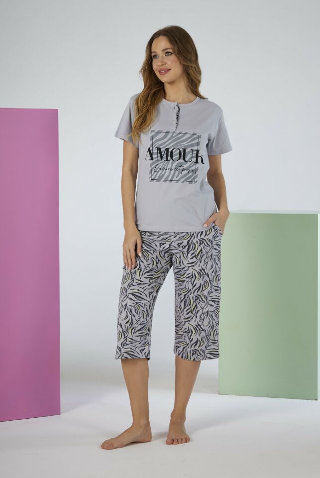 Kadın Yazlık Desenli Kısa Kollu Kaprili Penye Lycra Pijama Takımı - Gri