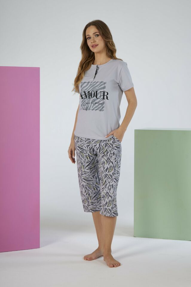 Kadın Yazlık Desenli Kısa Kollu Kaprili Penye Lycra Pijama Takımı - Gri