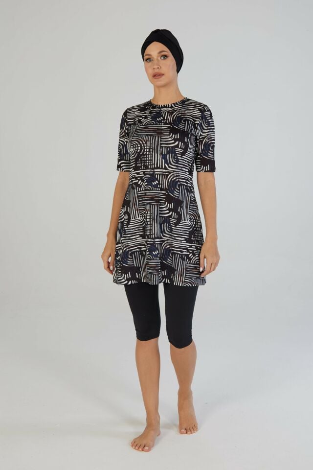 Estiva Lineer Desenli Kısa Kollu Taytlı Tesettür Mayo