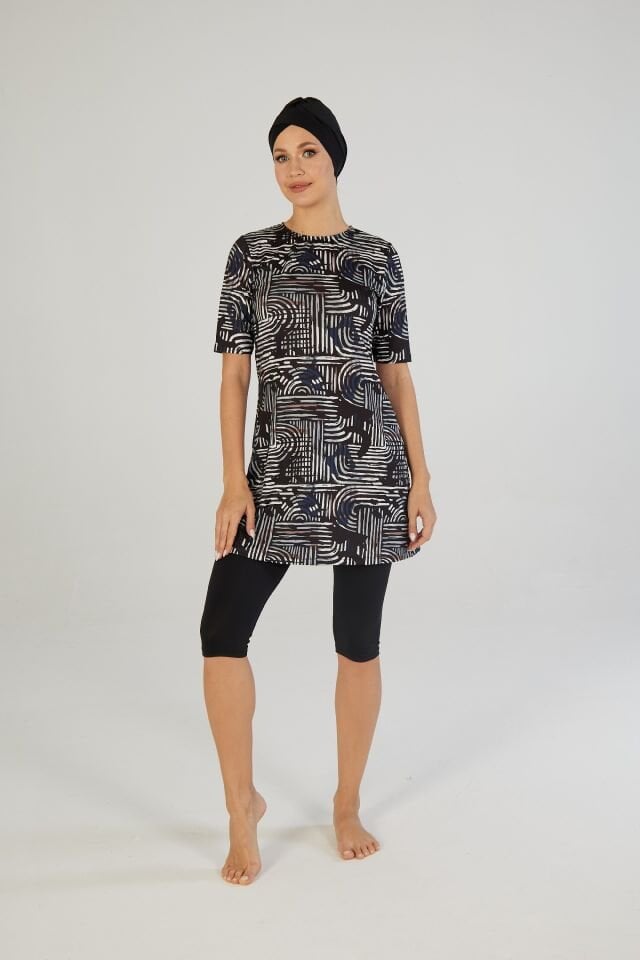 Estiva Lineer Desenli Kısa Kollu Taytlı Tesettür Mayo