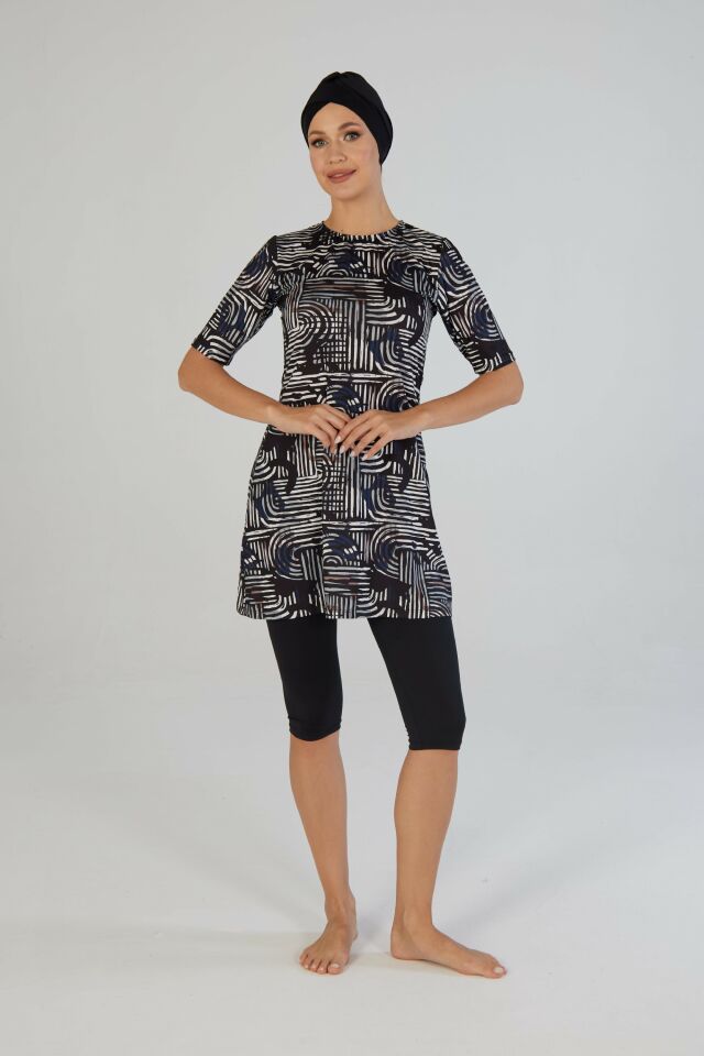 Estiva Lineer Desenli Kısa Kollu Taytlı Tesettür Mayo