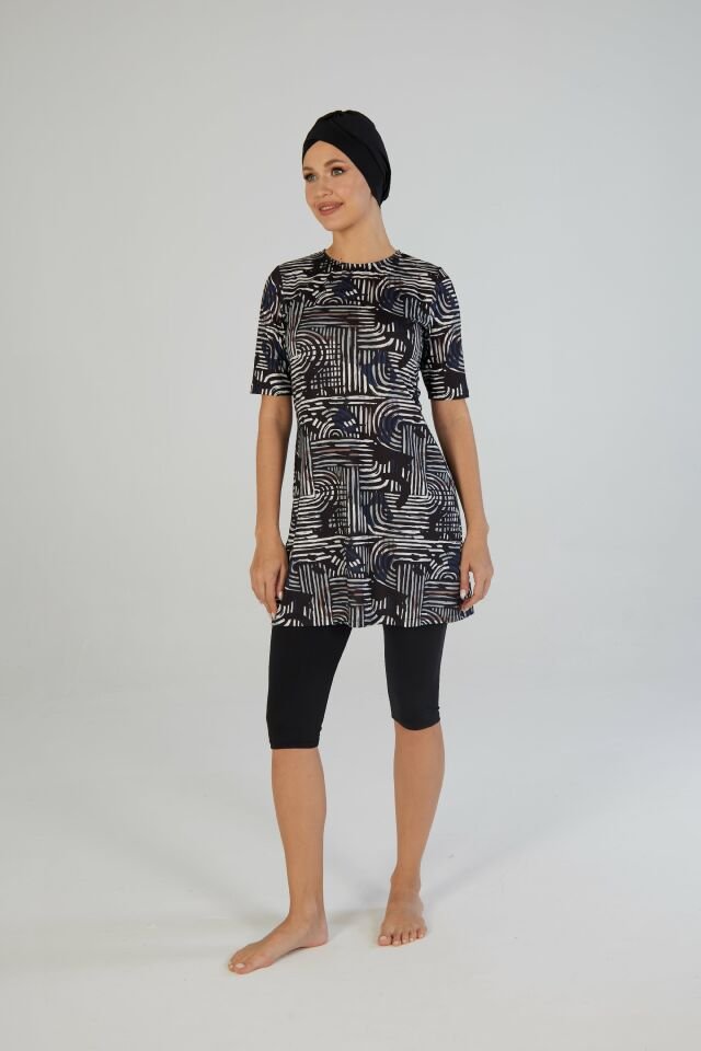 Estiva Lineer Desenli Kısa Kollu Taytlı Tesettür Mayo