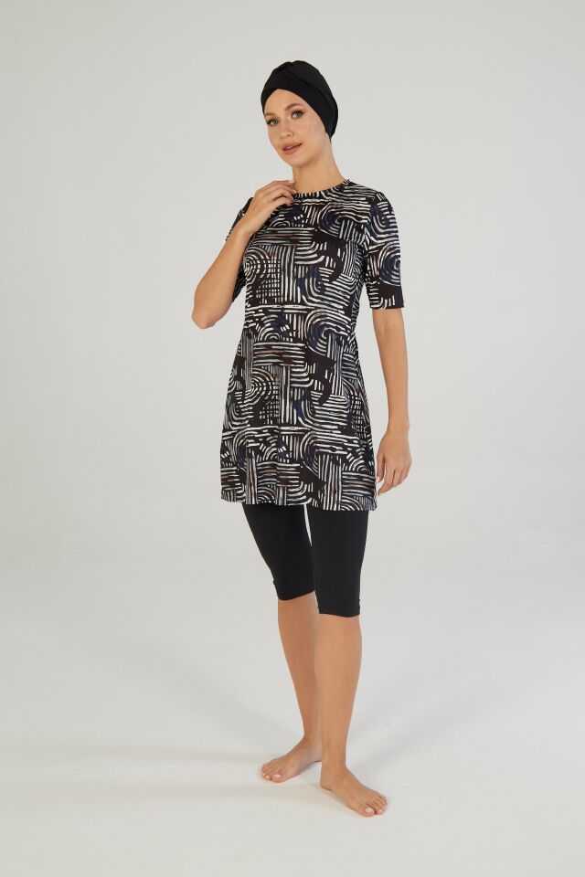 Estiva Lineer Desenli Kısa Kollu Taytlı Tesettür Mayo