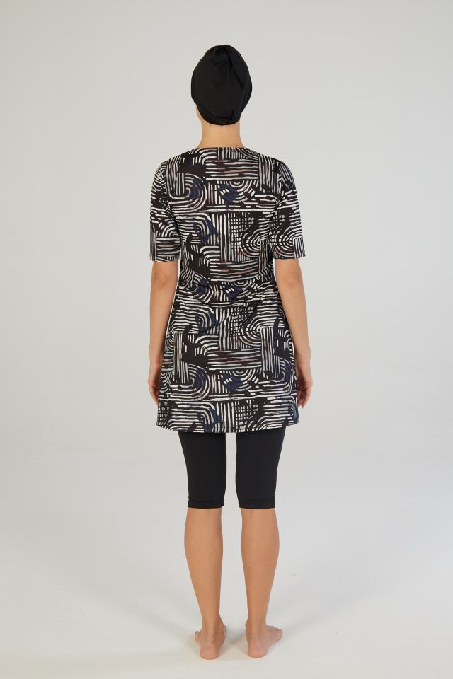 Estiva Lineer Desenli Kısa Kollu Taytlı Tesettür Mayo