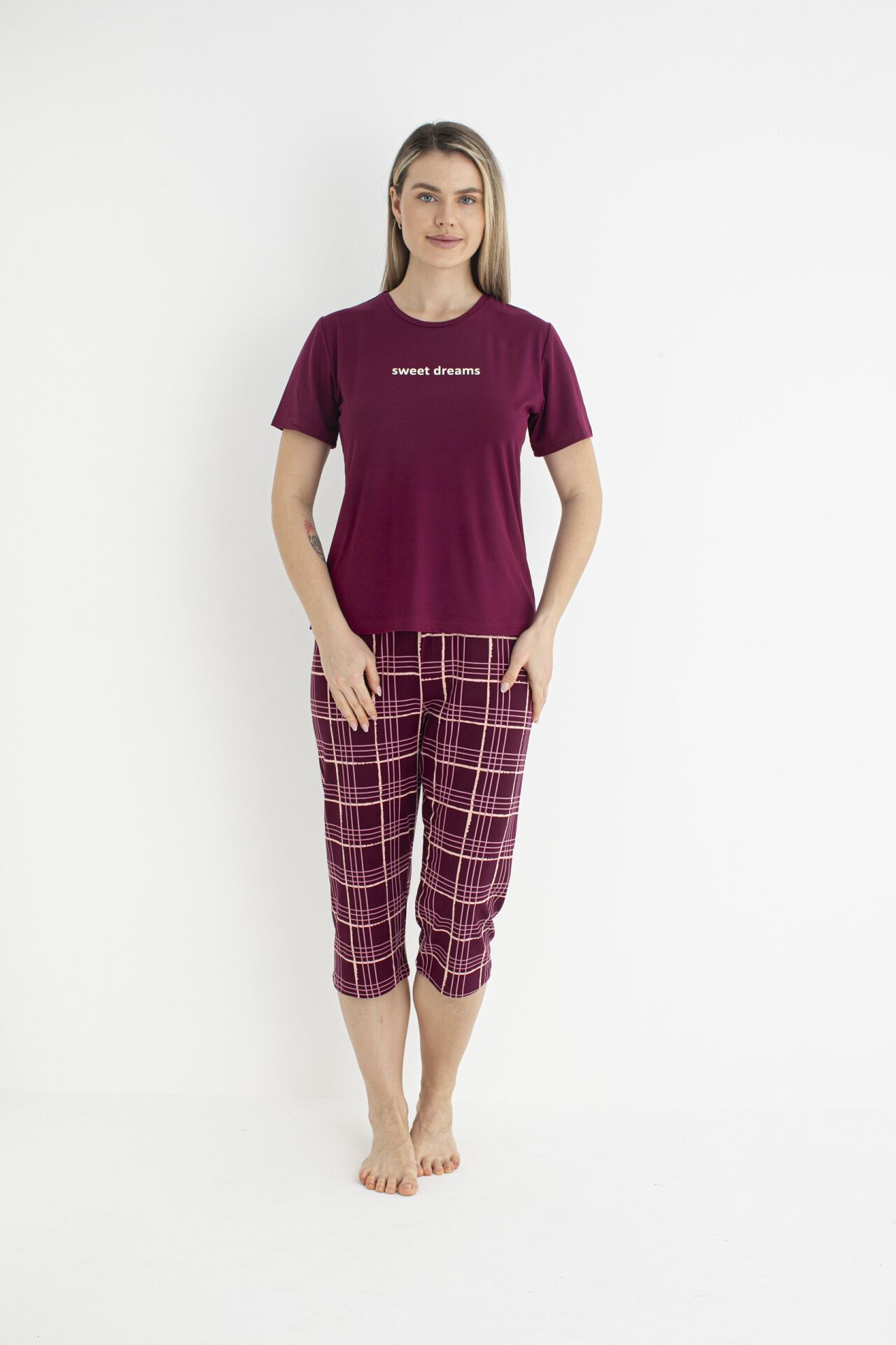 Kadın Yazlık Kereli Kısa Kollu Kaprili Soft Pijama Takımı - Bordo