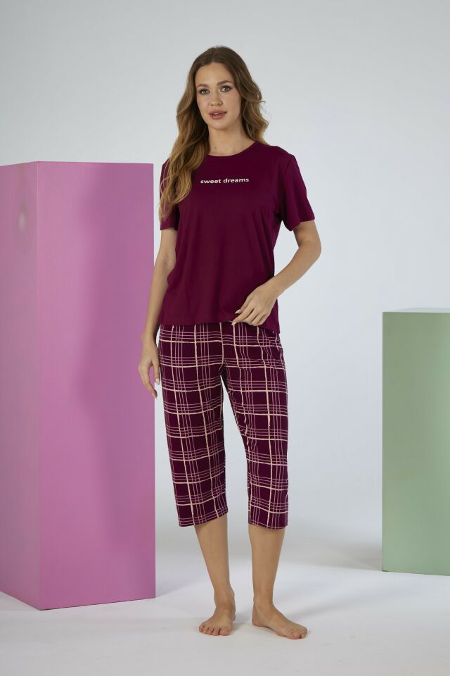 Kadın Yazlık Kereli Kısa Kollu Kaprili Soft Pijama Takımı - Bordo alternatif görsel