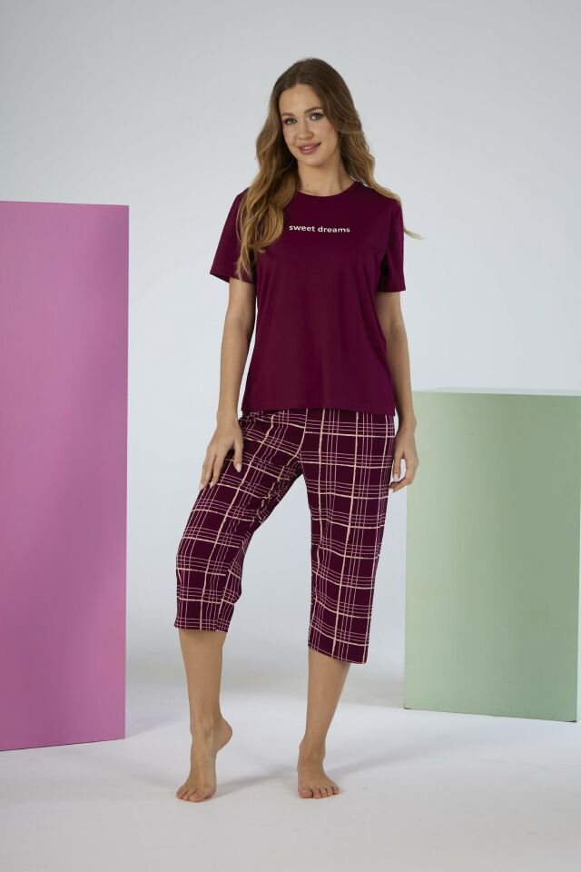 Kadın Yazlık Kereli Kısa Kollu Kaprili Soft Pijama Takımı - Bordo
