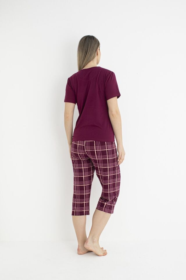 Kadın Yazlık Kereli Kısa Kollu Kaprili Soft Pijama Takımı - Bordo