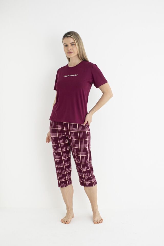 Kadın Yazlık Kereli Kısa Kollu Kaprili Soft Pijama Takımı - Bordo
