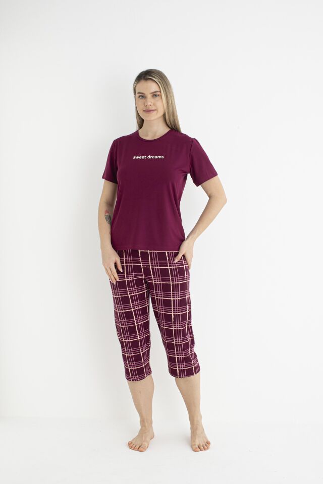 Kadın Yazlık Kereli Kısa Kollu Kaprili Soft Pijama Takımı - Bordo