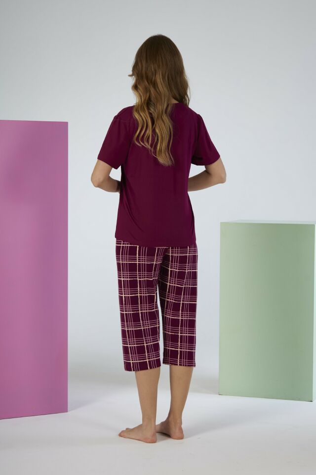 Kadın Yazlık Kereli Kısa Kollu Kaprili Soft Pijama Takımı - Bordo