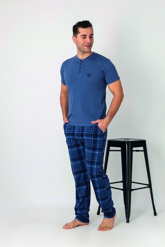 Estiva Erkek Kareli Alt Desenli Mavi Kısa Kollu Patlı Penye Pijama Takımı