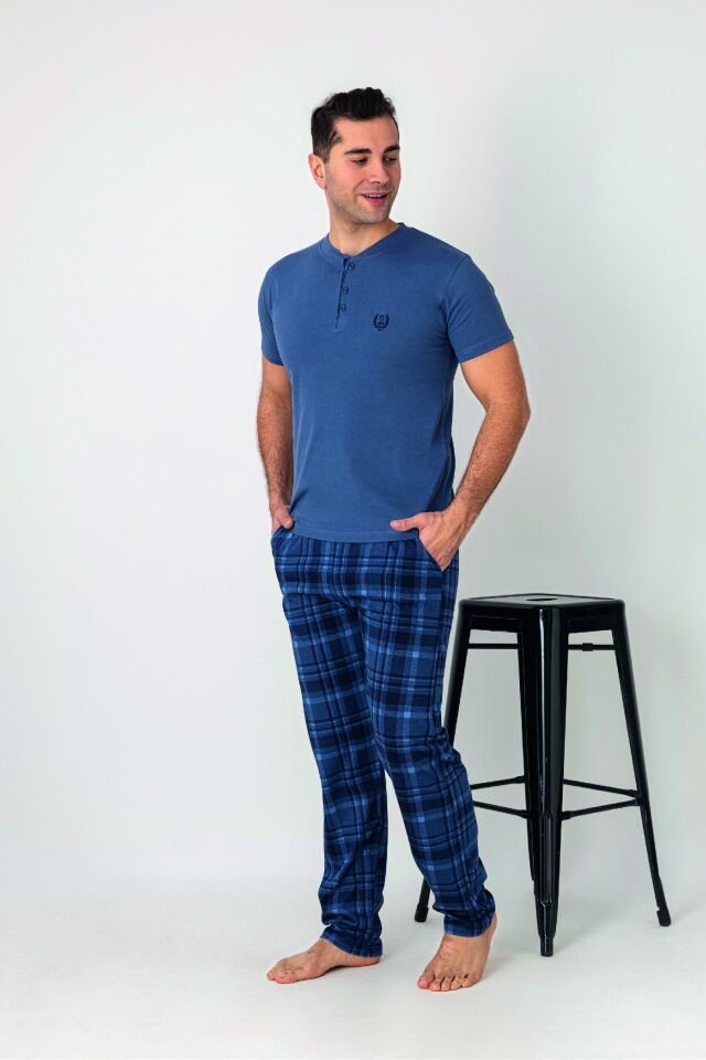 Estiva Erkek Kareli Alt Desenli Mavi Kısa Kollu Patlı Penye Pijama Takımı