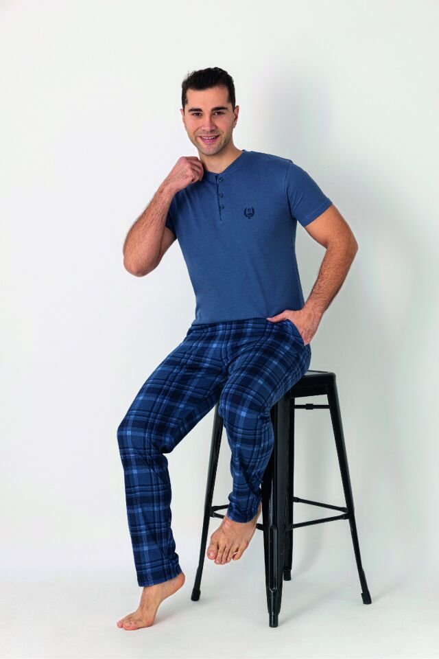 Estiva Erkek Kareli Alt Desenli Mavi Kısa Kollu Patlı Penye Pijama Takımı