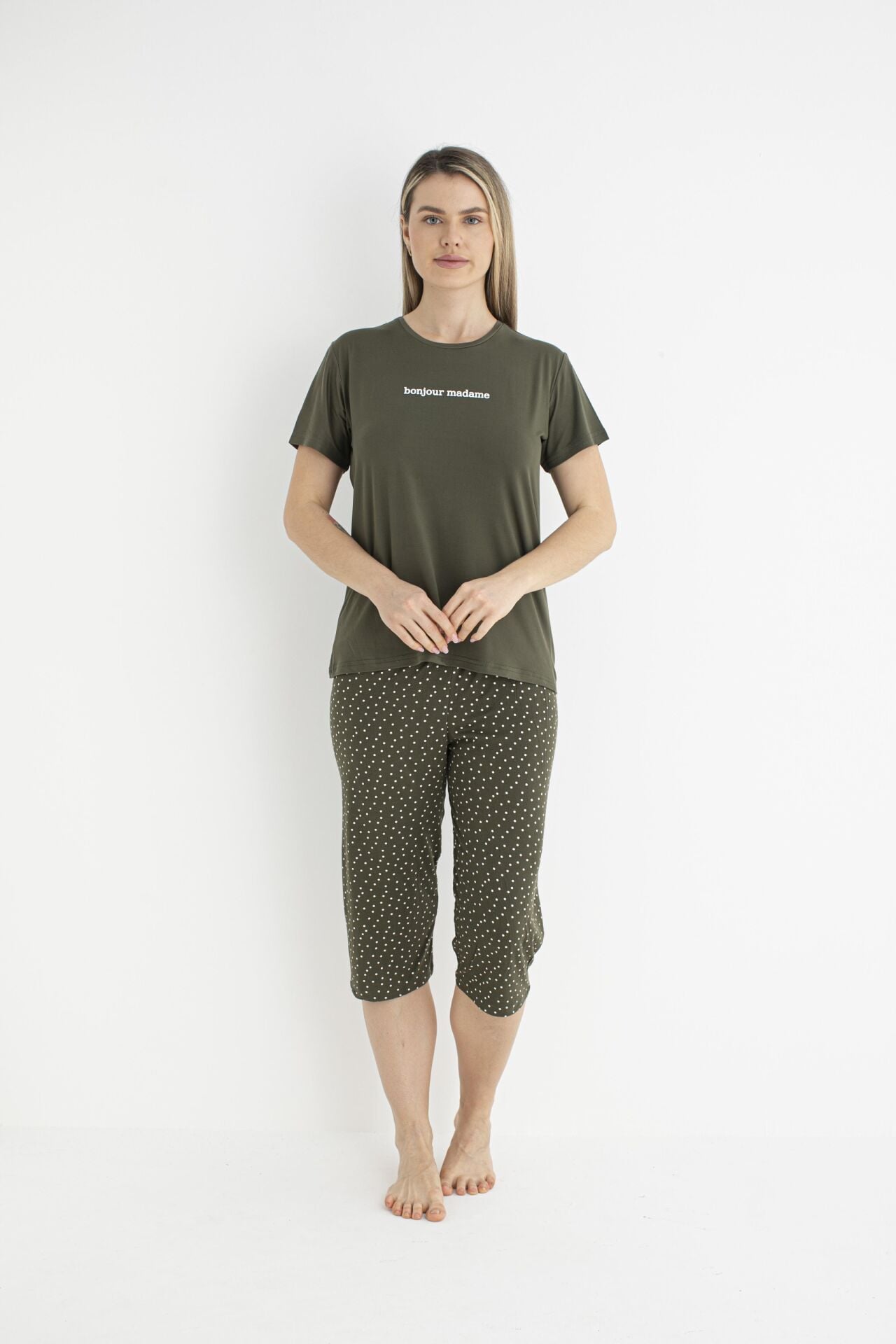 Kadın Yazlık Puantiyeli Kısa Kollu Kaprili Soft Pijama Takımı - Yeşil