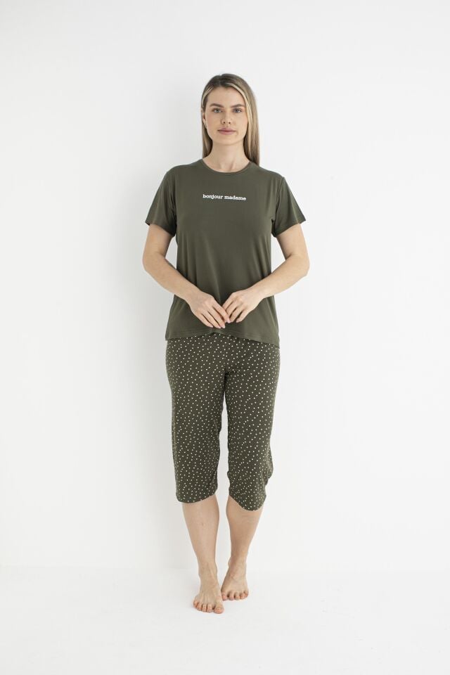 Kadın Yazlık Puantiyeli Kısa Kollu Kaprili Soft Pijama Takımı - Yeşil