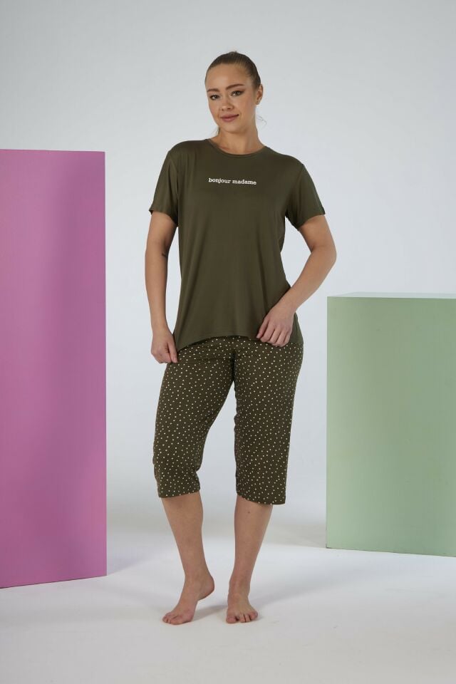 Kadın Yazlık Puantiyeli Kısa Kollu Kaprili Soft Pijama Takımı - Yeşil