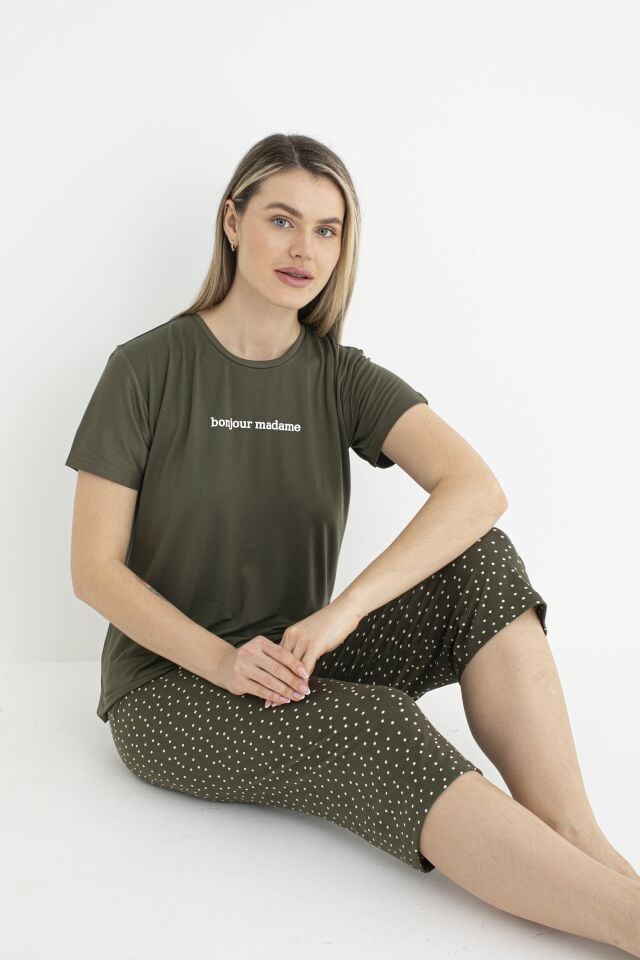 Kadın Yazlık Puantiyeli Kısa Kollu Kaprili Soft Pijama Takımı - Yeşil