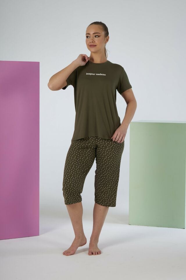Kadın Yazlık Puantiyeli Kısa Kollu Kaprili Soft Pijama Takımı - Yeşil